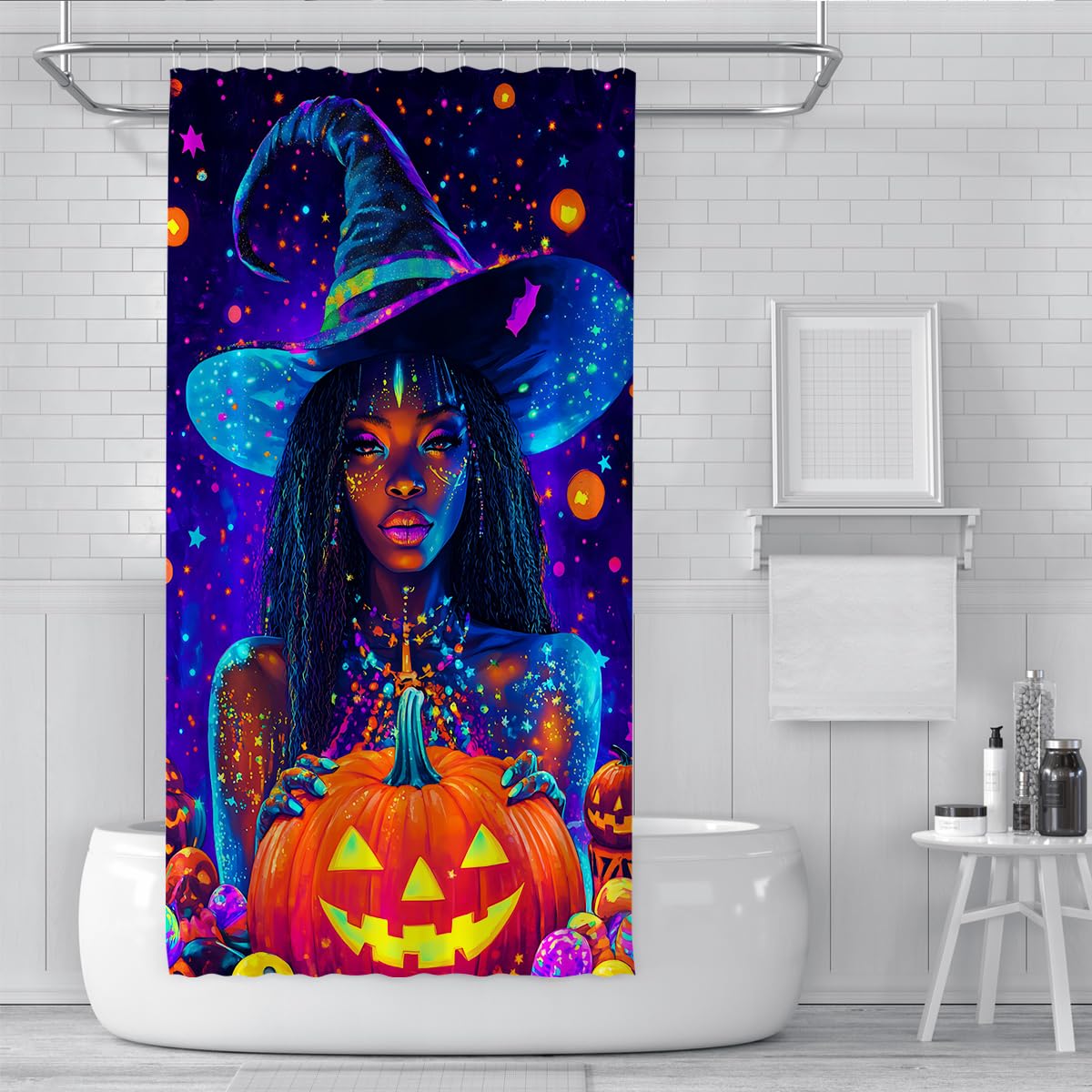 Witch Duschvorhang Black Girl Purple Pumpkin Badezimmer Deko 180x180cm