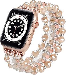 VISOOM Beaded Bracelet Compatible for Apple Watch Band 40mm/38mm/41mm Series 7 SE Series 6/5/4 Women Fashion Cute Handmade Stretchy Watch Strap for iWatch Bands Series 3/2/1 Replacement (Rose Gold)