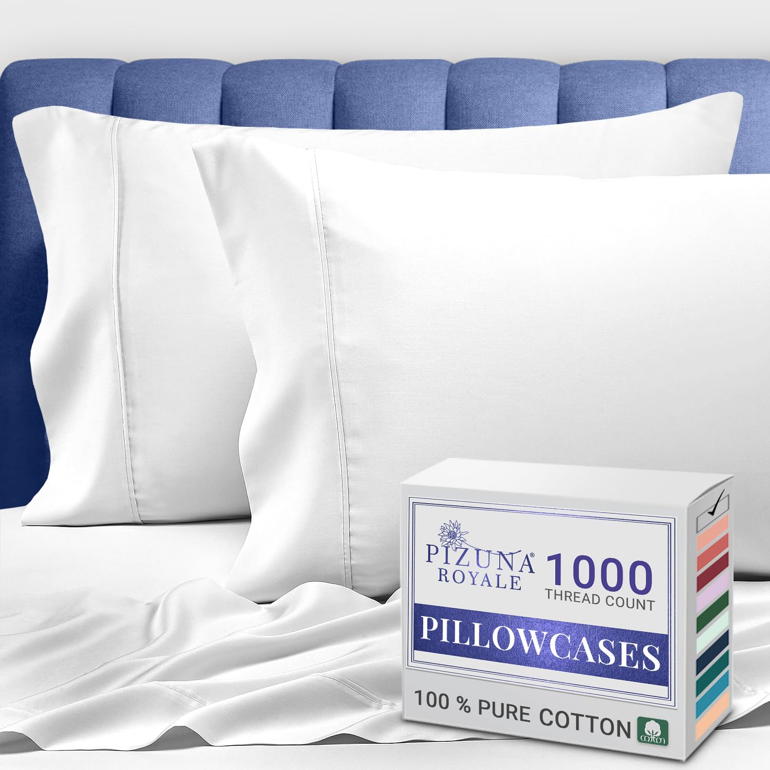 Pizuna Pure 100% Luxury Cotton Queen Size Pillow Case White, 1000 Thread Count 100% Long Staple Cotton Sateen Pillowcase, Pillow Covers with Stylish 4" Hem (Combed Cotton Pillowcase)OEKO-TEX STANDARD 100