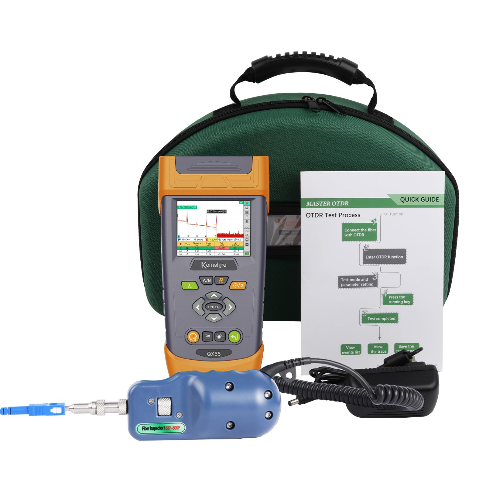 KOMSHINE 1310/1550nm 32/30dB Singlemode OTDR QX55 w/VFL Power Meter OPM SM Light Source + Link Map 1:16 Splitters + RJ45 Networks + Fiber Microscope Inspection Probe 400times for CAT5 CAT6