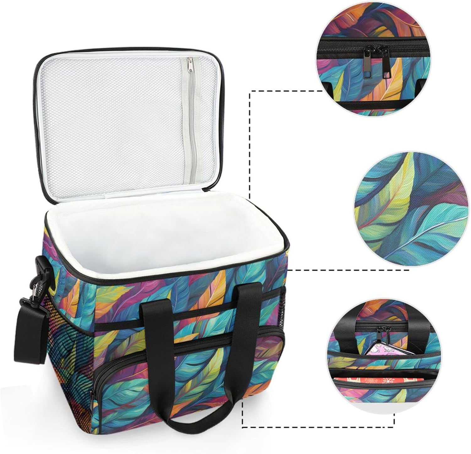 Insulated Cooler Bag 24 Cans Large Capacity Lunch Box-Vivid Feather Print Leak Proof with Shoulder Strap for Camping Picnic