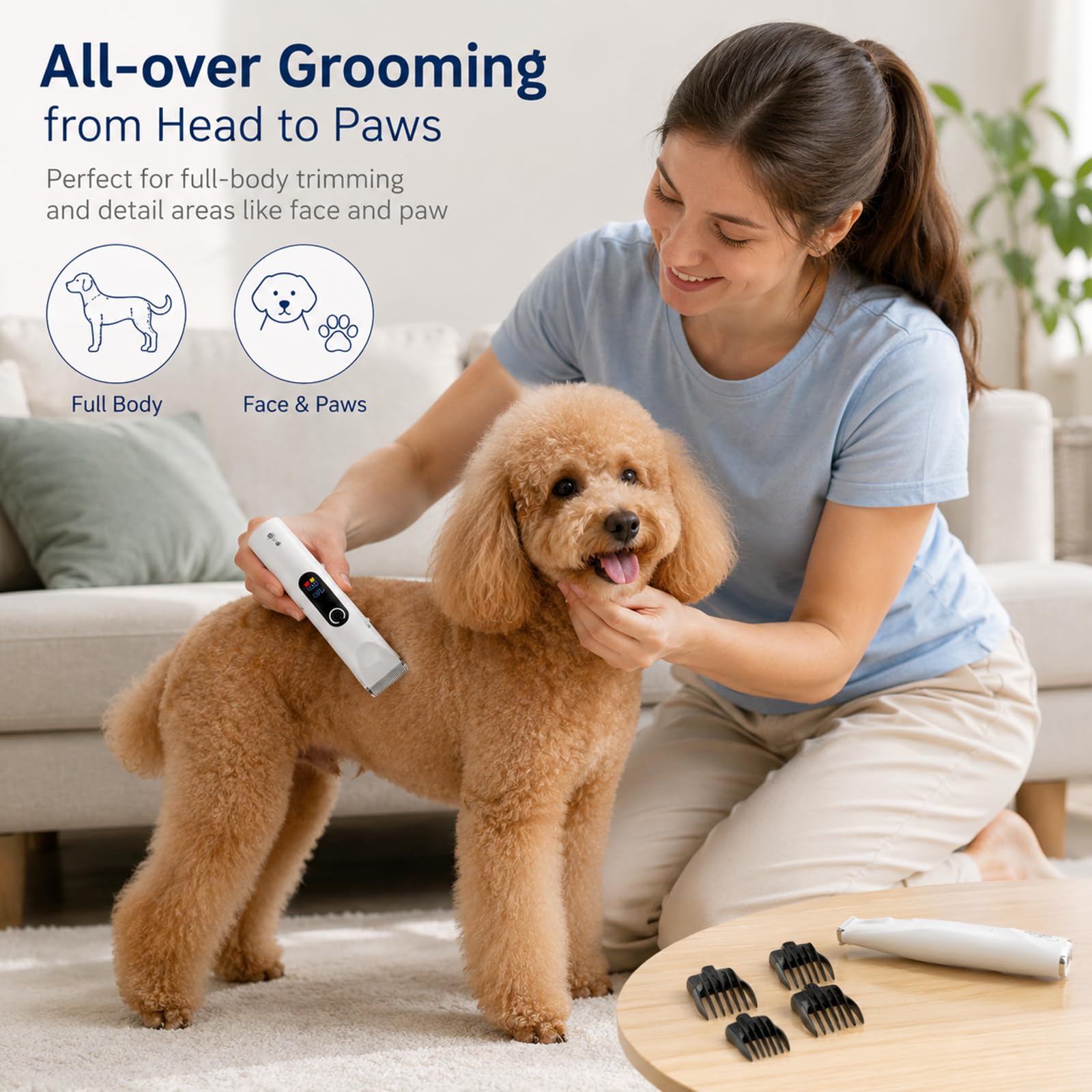 Moravon Tondeuse Pour Chien – Design Arrondi En Forme De R, Réglage Multi-Niveaux, Tondeuse Sans Fil Silencieuse Avec Sabots, Kit De Tonte Pour Chiens Et Chats (1Set)