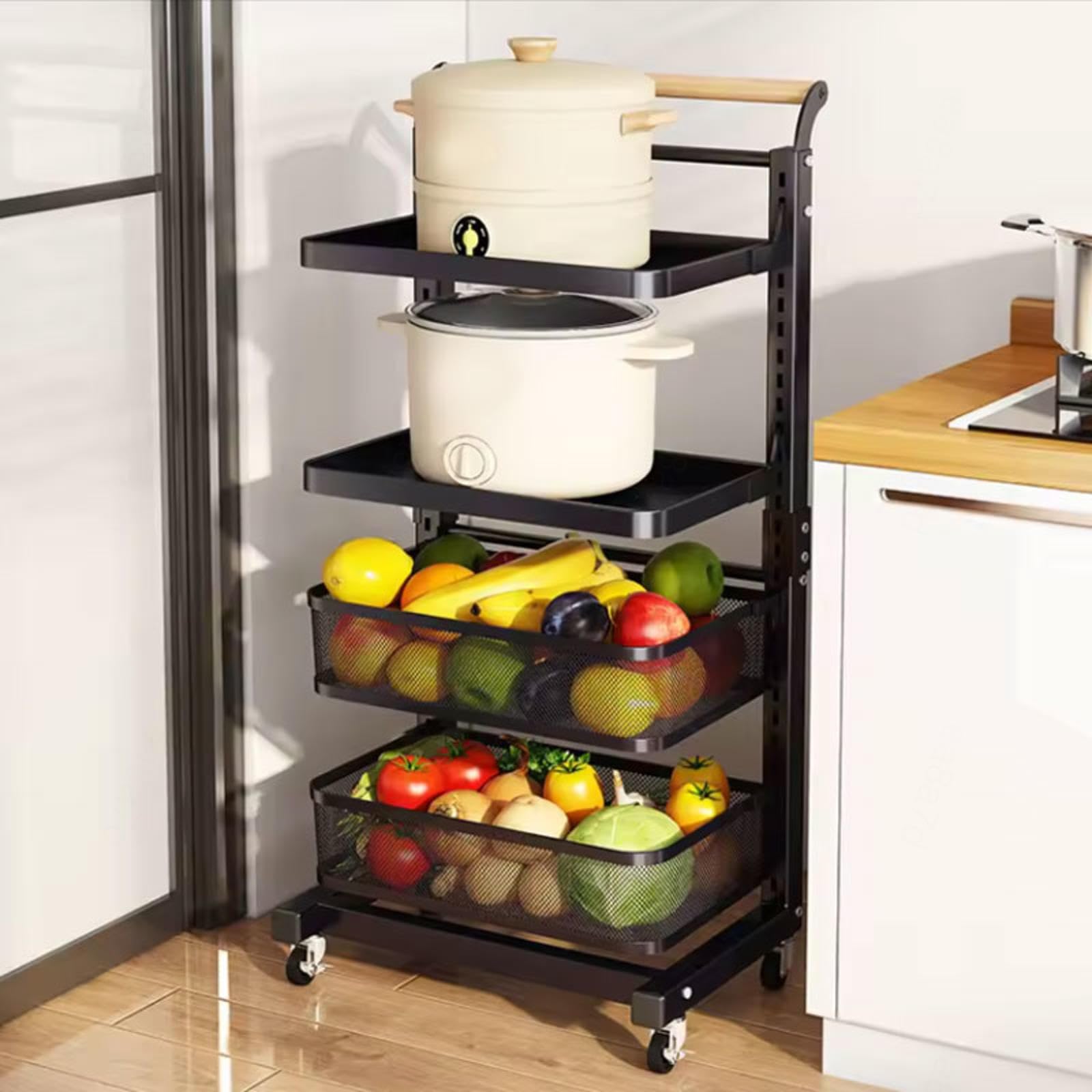 Soporte de almacenamiento para tapa de sartén y botella con estantes para ollas, color negro, 4 tablas y 1 cesta