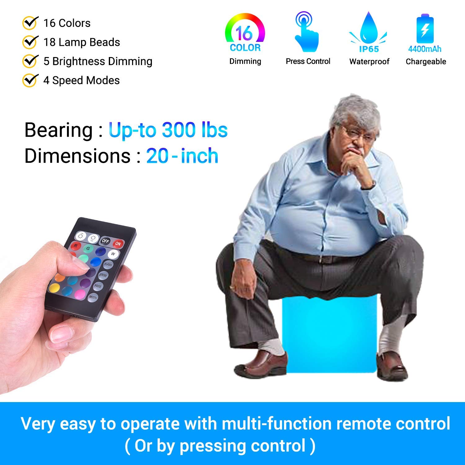 LOFTEK LED Light Cube: 20-inch RGB Cube Seats Colors Changing Bar Chairs&Tables, UL Listed Adapter, 4400 Capacity, Perfect for Sensory Education & Party Decoration