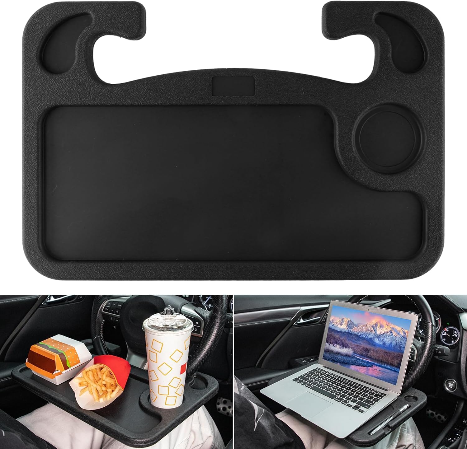 2 in 1 Car Steering Wheel Desk, Tray for Laptop Car Mount with Pen Holder| Food Tray for Eating with Drinks Holder | Multipurpose Travel Car Accessories (Black) (1 pcs)-image-25