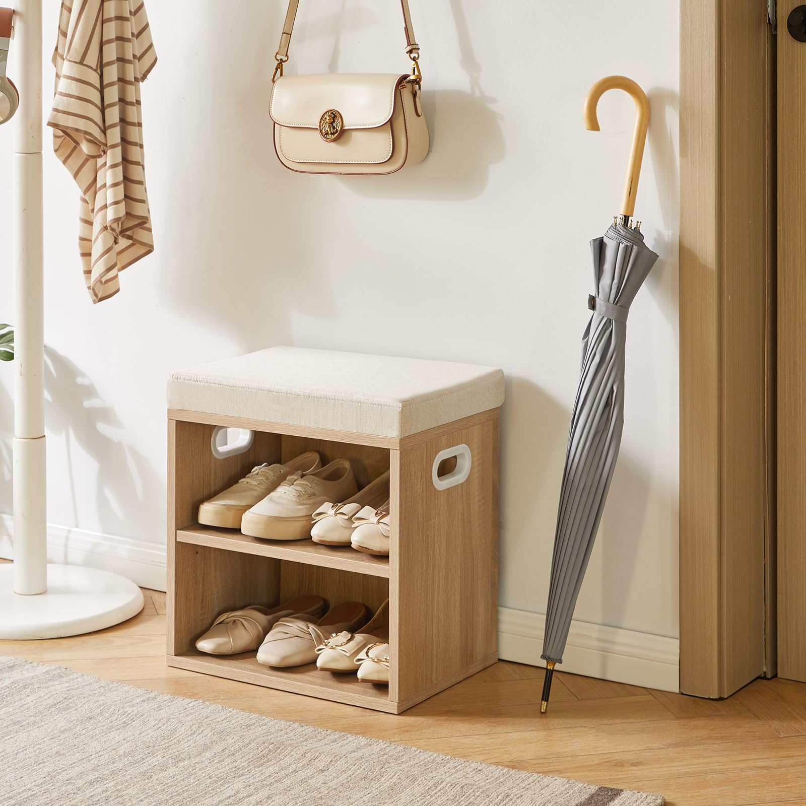 YMYNY Panca per scarpe con cuscino, scarpiera a 2 ripiani, 15,4 x 11 x 16,54 cm, colore naturale chiaro