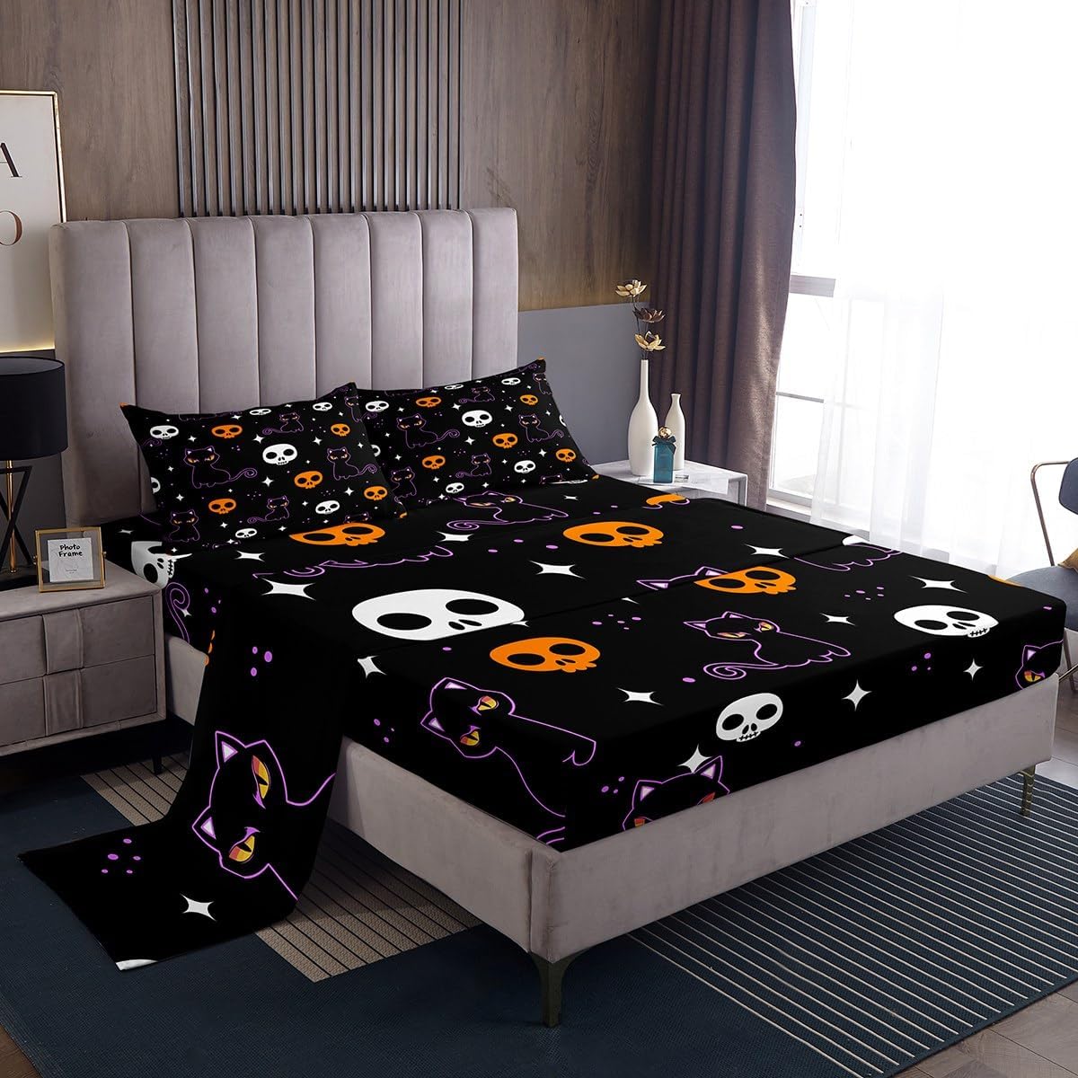Erosebridal Gradient Black Cat Bed Sheets Set King Size,Halloween Skull Sheet Set for Youth Adult,Galaxy Moonight Sheets,Skeleton Flat Fitted Sheet with 2 Pillowcases,Halloween Decorations for Home