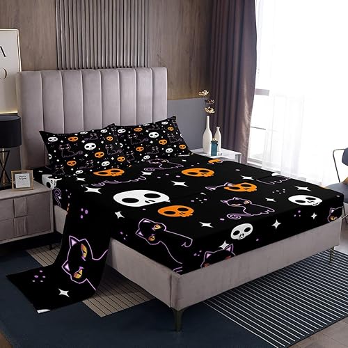 Erosebridal Sábanas de Halloween tamaño Queen, juego de sábanas con cabeza de calavera gótica para niños y niñas, juego de ropa de cama de gato
