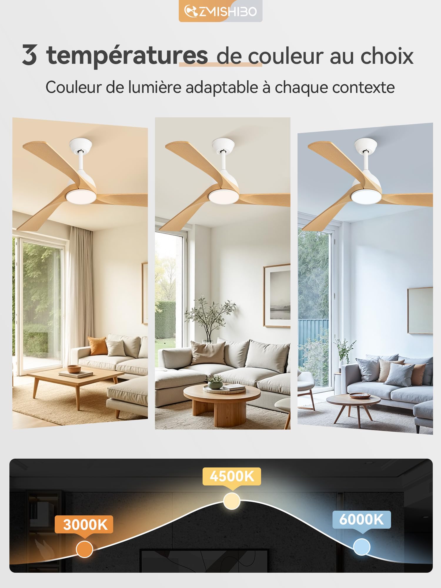 ZMISHIBO Ventilateur de Plafond avec Lumière et Télécommande, Ø132 cm, Moteur DC Silencieux, 6 Vitesses, 3 Températures de Couleur LED (3000K/4000K/6000K), Modes Été/Hiver, Minuterie 1/4/8h ABS