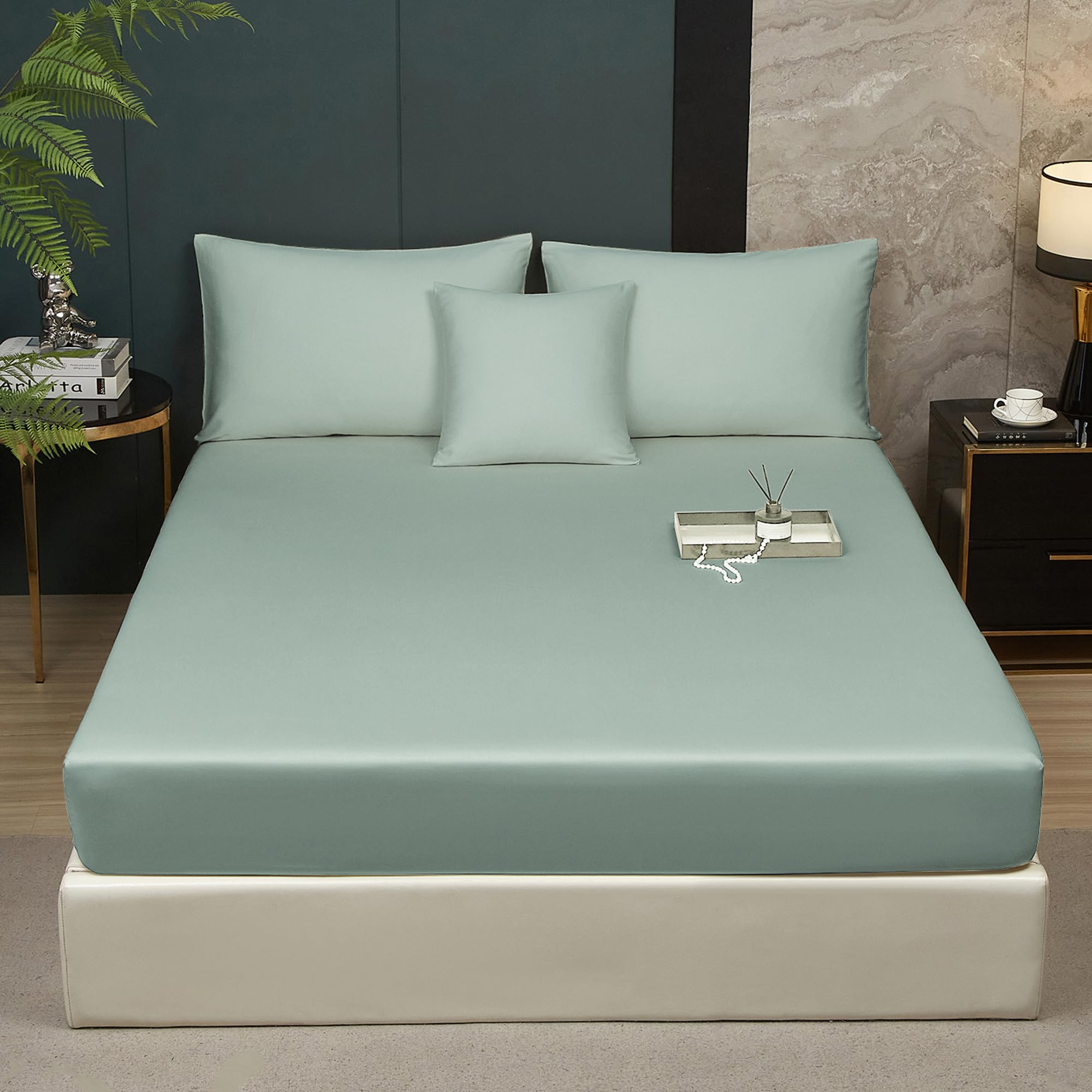 Luofanfei Bambus Lyocell Spannbettlaken 90x200cm Grün Salbeigrün Boxspringbett Frottee Topper Glänzend Bambusfaser Bettlaken Spannbetttuch 90 x 200 Uni Spannbetttücher für Hohe Matratze bis 25-30 cm