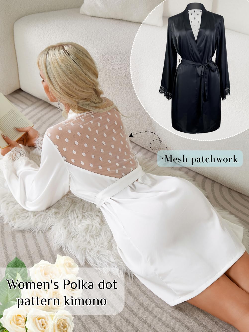 Women's Bridal Satin Short Robe, Polka Dot Mesh Back, Eyelash Lace Long Sleeve, Sexy Wedding Loungewear - Image 3