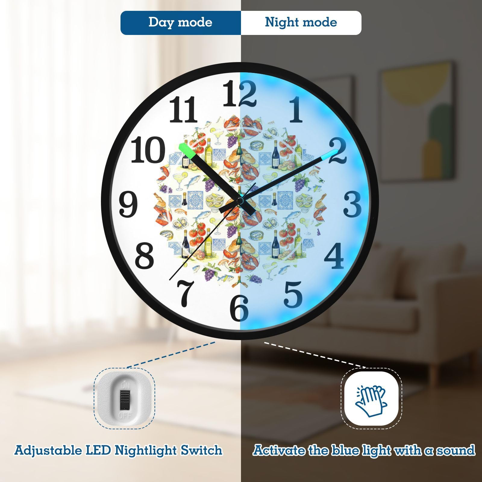 Yuiboo Horloge murale LED bleue avec lumière de nuit