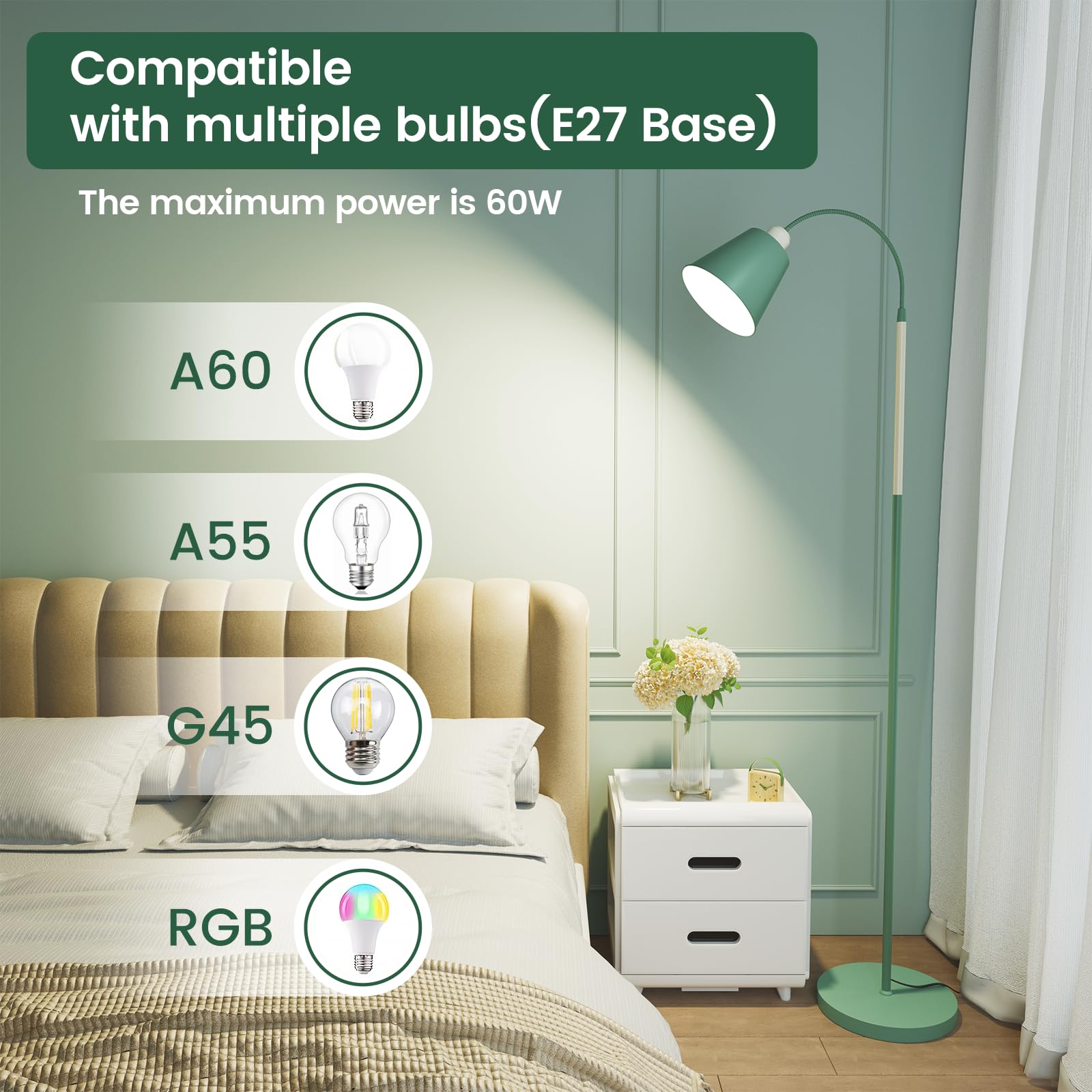 SIBRILLE E27 Lampada da Terra Dimmerabile, con Telecomando, max 60W 3000K-6000K, Altezza 168 cm Lampada da lettura con Testa di luce flessibile per Soggiorno e Studio con Lampada a LED (Conico)