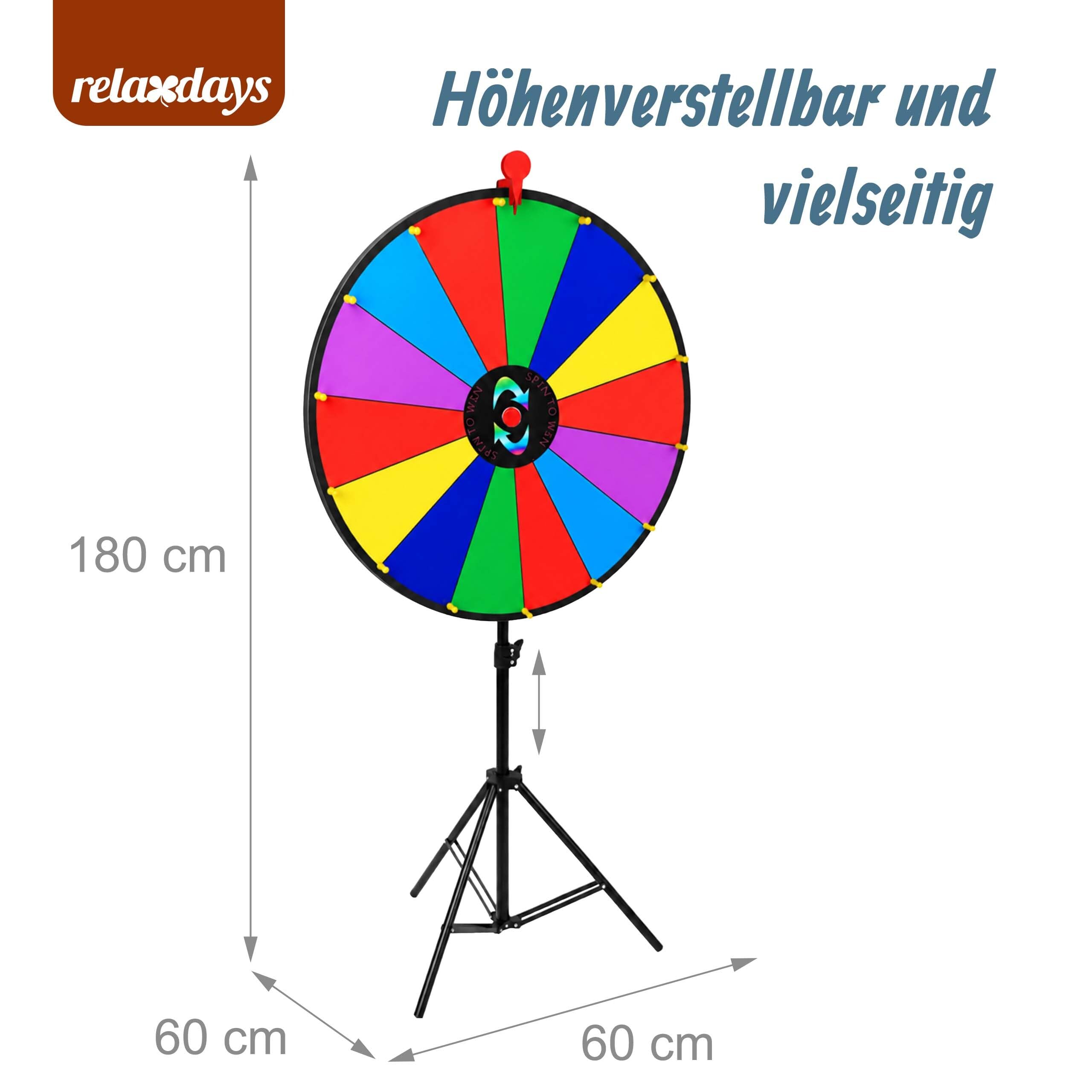 Relaxdays Glücksrad mit Stativ, 60 cm, höhenverstelbar, 14 Slots, beschreibbar & abwischbar, Gewinnrad mit Tasche, bunt
