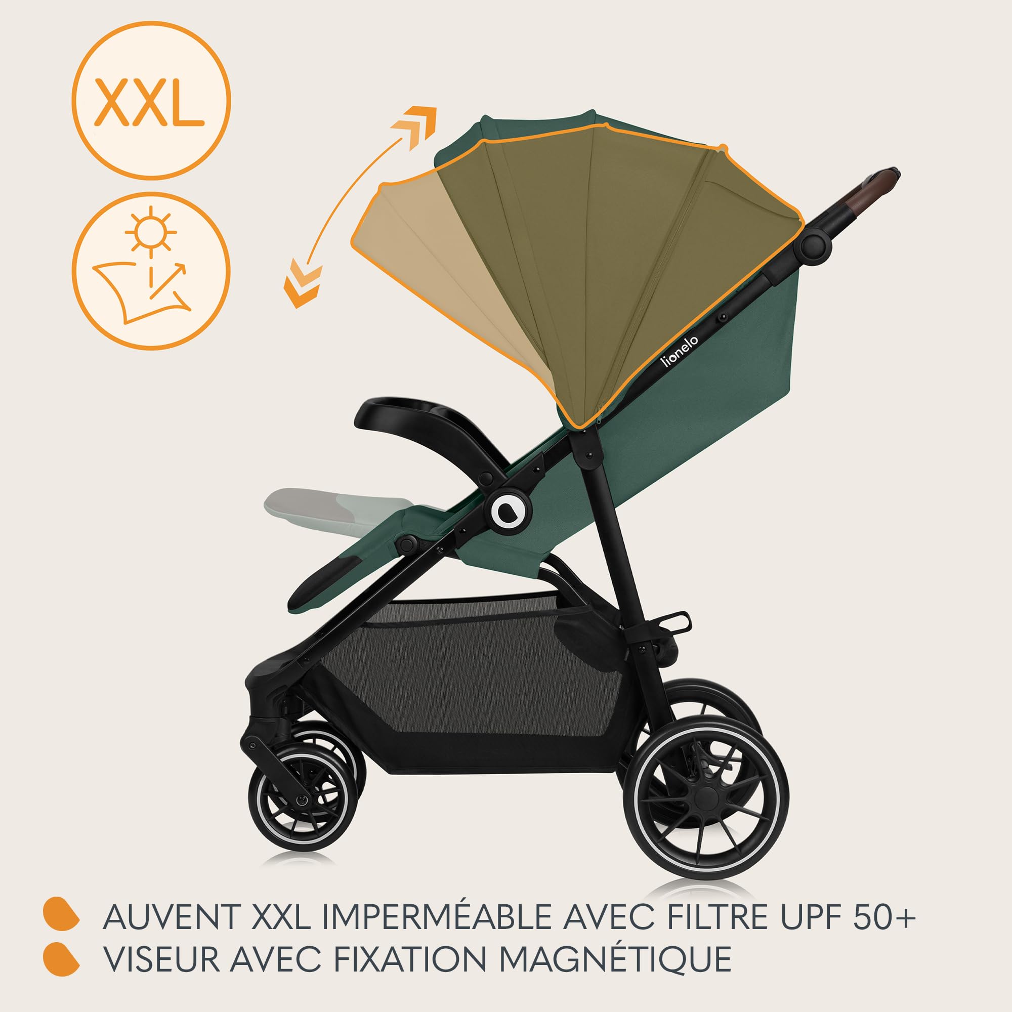 LIONELO EMMA ONE Poussette Canne jusqu'à 22 kg de 6 mois à 4 ans Roues Pivotantes 360° Absorption Totale des Chocs Pliage à Une Main Dossier et Repose-Pieds Auvent Ajustable XXL UPF50+ (Green)