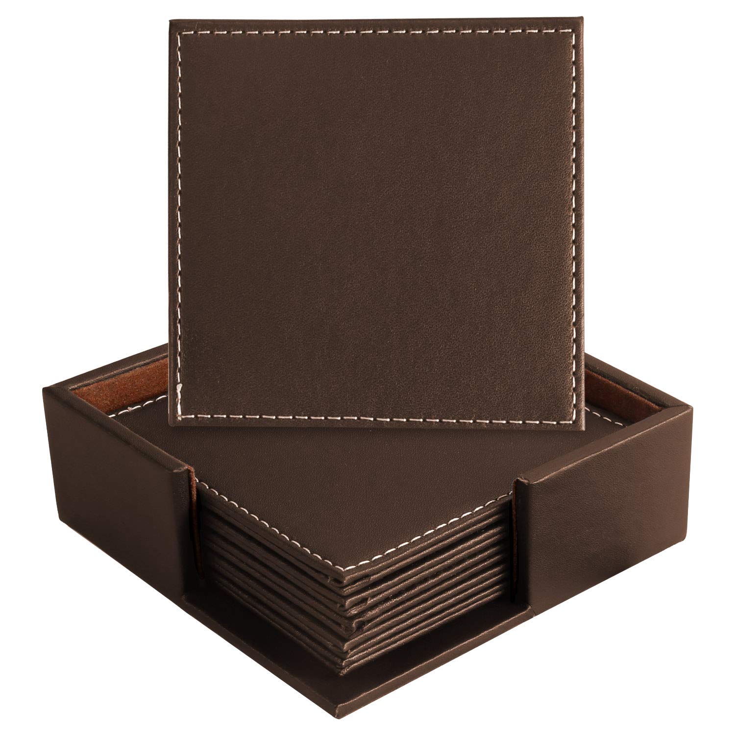 Loghog Square Brown Leather Coasters For Drinks With Holder Set Of 6,Coffee Mats Protect Furniture From Hot Or Cold Water Marks & Damage, Pu Leather Drink Coasters Suitable For Kinds Of Mugs And Cups (Square Brown)