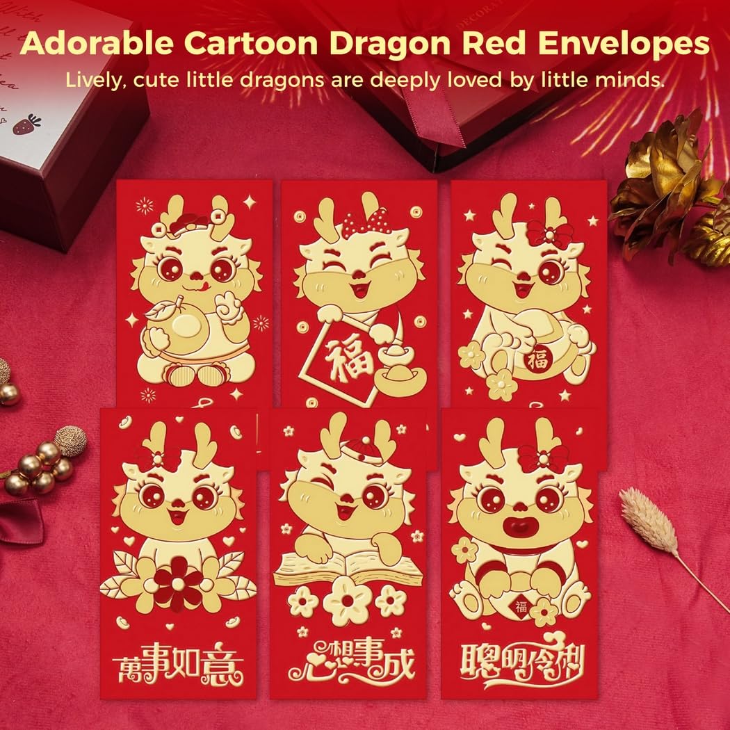 36 Stück Rote Umschläge zum Neujahr, niedlicher Cartoon-Drache Hongbao für das Jahr des Drachen 2024, Glücksgeld-Umschläge zum Frühlingsfest, 6 Varianten, für Familie, Freunde und Kollegen