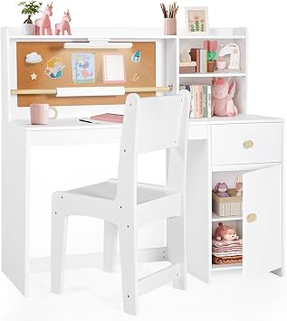 Frogprin Kids Desk and Chair Set, Kids Study Desk with Night Light Drawing Paper Roll, Hutch & Storage Cabinet, Childs Table-Student Writing Art Table Widened Desktop Computer Workstation for 5-12