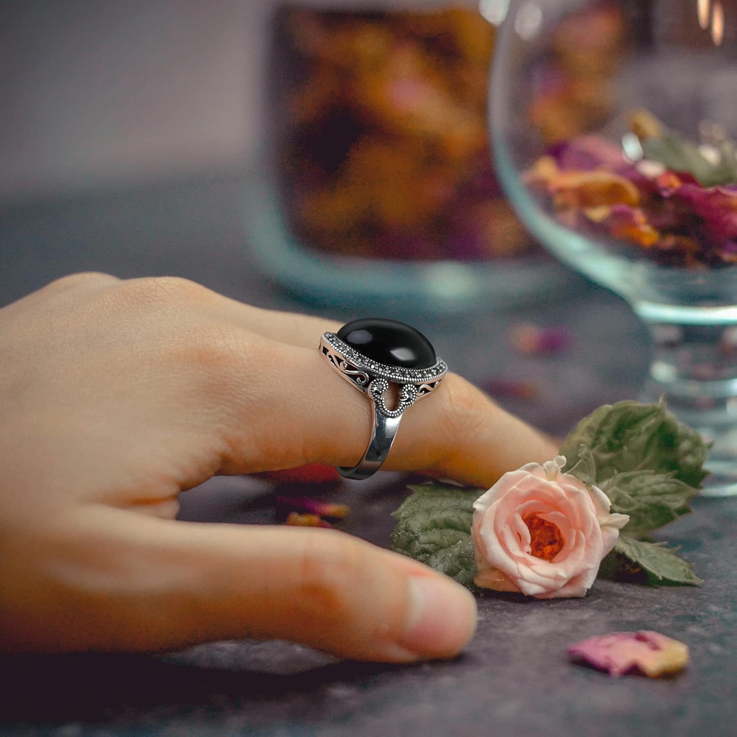 Mytys Retro Vintage Cocktail Statement Ring Black Marcasite & Crystal Rings for Women Antique Silver Big Black Onyx Stone Ring - Image 3