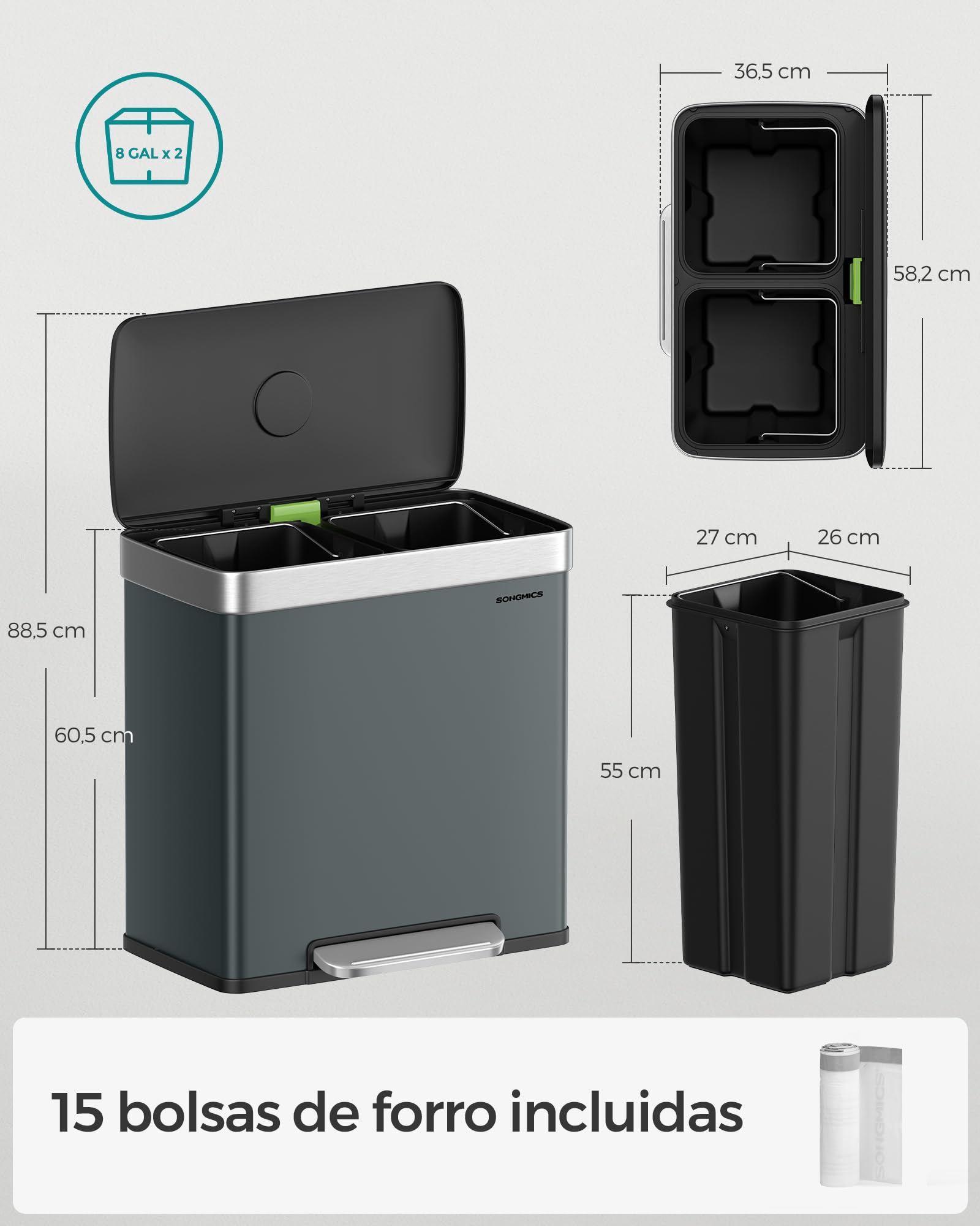 SONGMICS Cubo de Basura Doble, 2 x 30 L, Acero Inoxidable, con 15 Bolsas de Basura, con Cubos Interiores de Plástico, Tapa con Bisagra, Cierre Suave, 58,2 x 36,5 x 60,5 cm, Gris Verdoso LTB202G01
