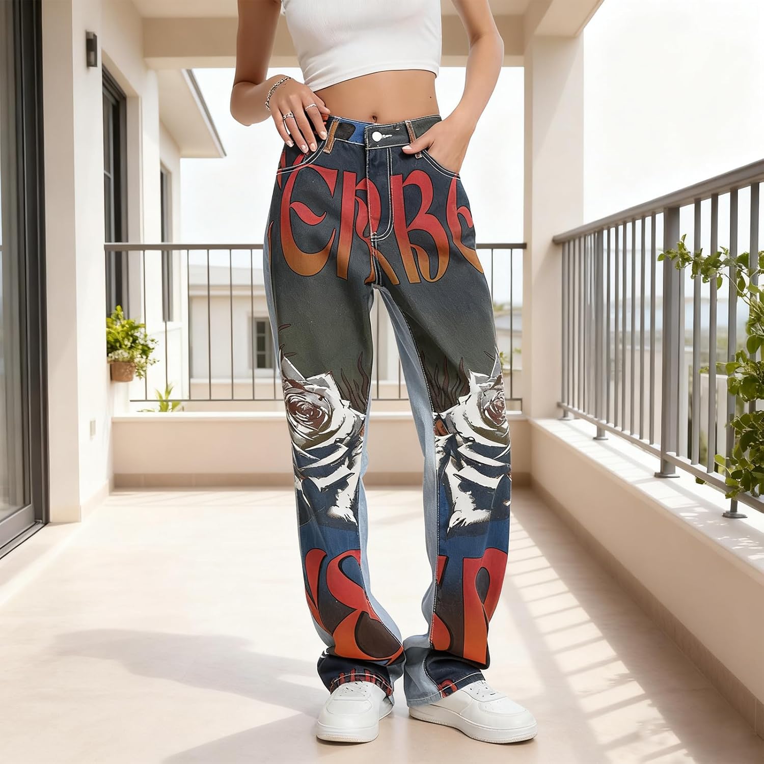 Womens Y2k Rose Print Wide Leg Jeans Loose Fit Hip Hop Baggy Trousers Vintage Pants - Image 2