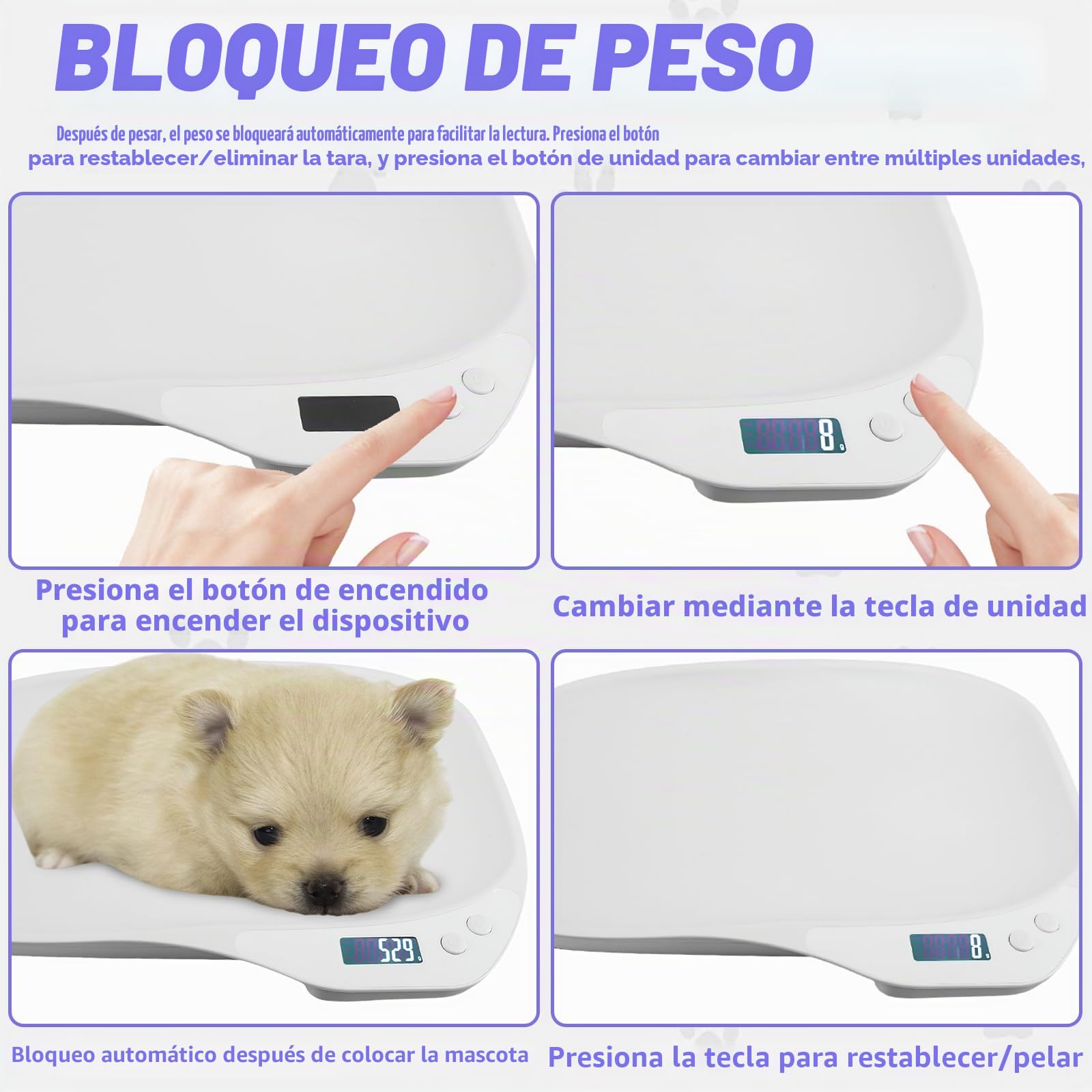 báscula digital para animales pequeños: báscula digital para mascotas de 15 kg (± 1 g), con pantalla LCD y 4 modos de pesaje (kg/oz/lb/ml)