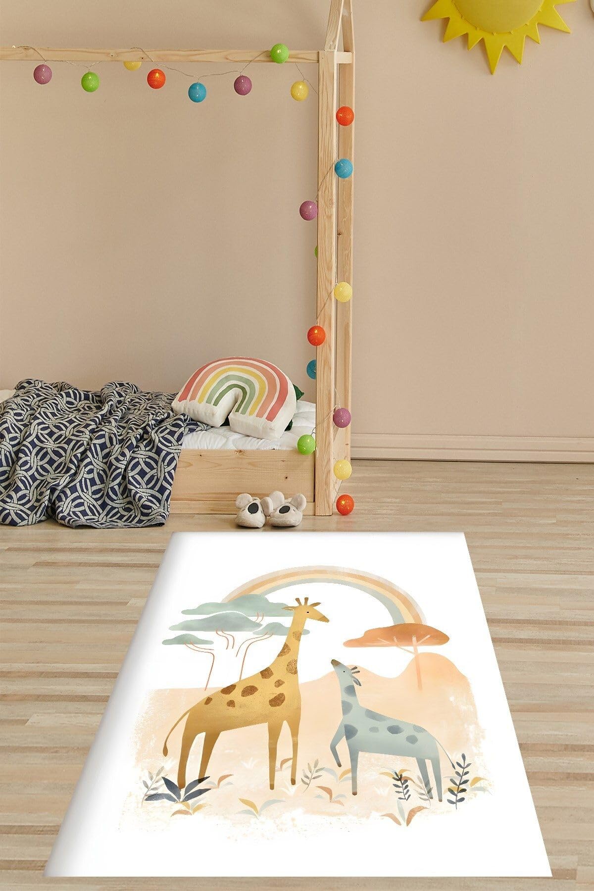 Pelangi Gökkuşağı Zürafa Safari Pastel Renkli Yıkanabilir Kaymaz Taban Leke Tutmaz Çocuk Odası Halısık, Somon-Mavi 40 x 40, 764203140401