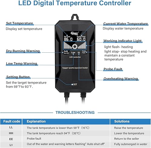 Miniatura 4 de hygger Calentador de acuario, 100 W200 W300 W500 W800 W, calentador sumergible para tanque de peces con protección contra sobretemperatura y apagado