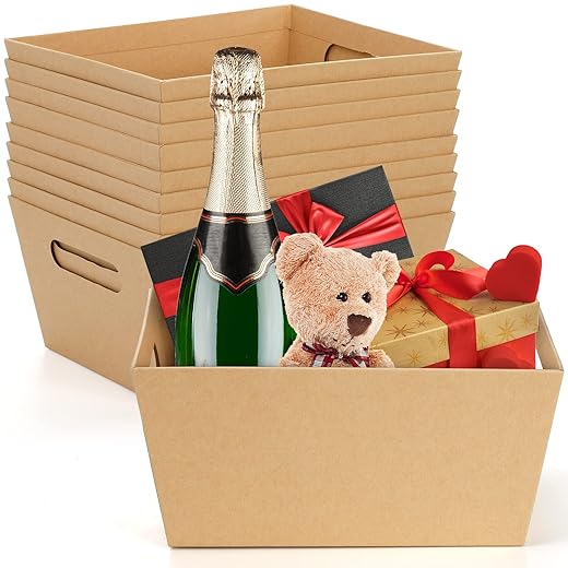 DEAYOU 10 Pack Gift Basket Empty, 10" x 8" Kraft Basket With Handle, 5 LB Cardboard Gift Baskets Market Tray, Large Brown Paper Baskets Holder Container for Wine, DIY, Food, Snacks, Crafts, Easter