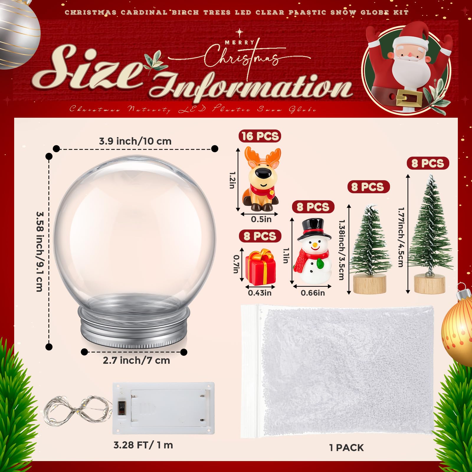 Liliful Lot de 16 boules à neige de Noël à faire soi-même comprenant une boule à neige en plastique LED de 9 cm avec bouchon à visser - Mini arbre de Noël artificiel - Bonhomme de neige, Père Noël