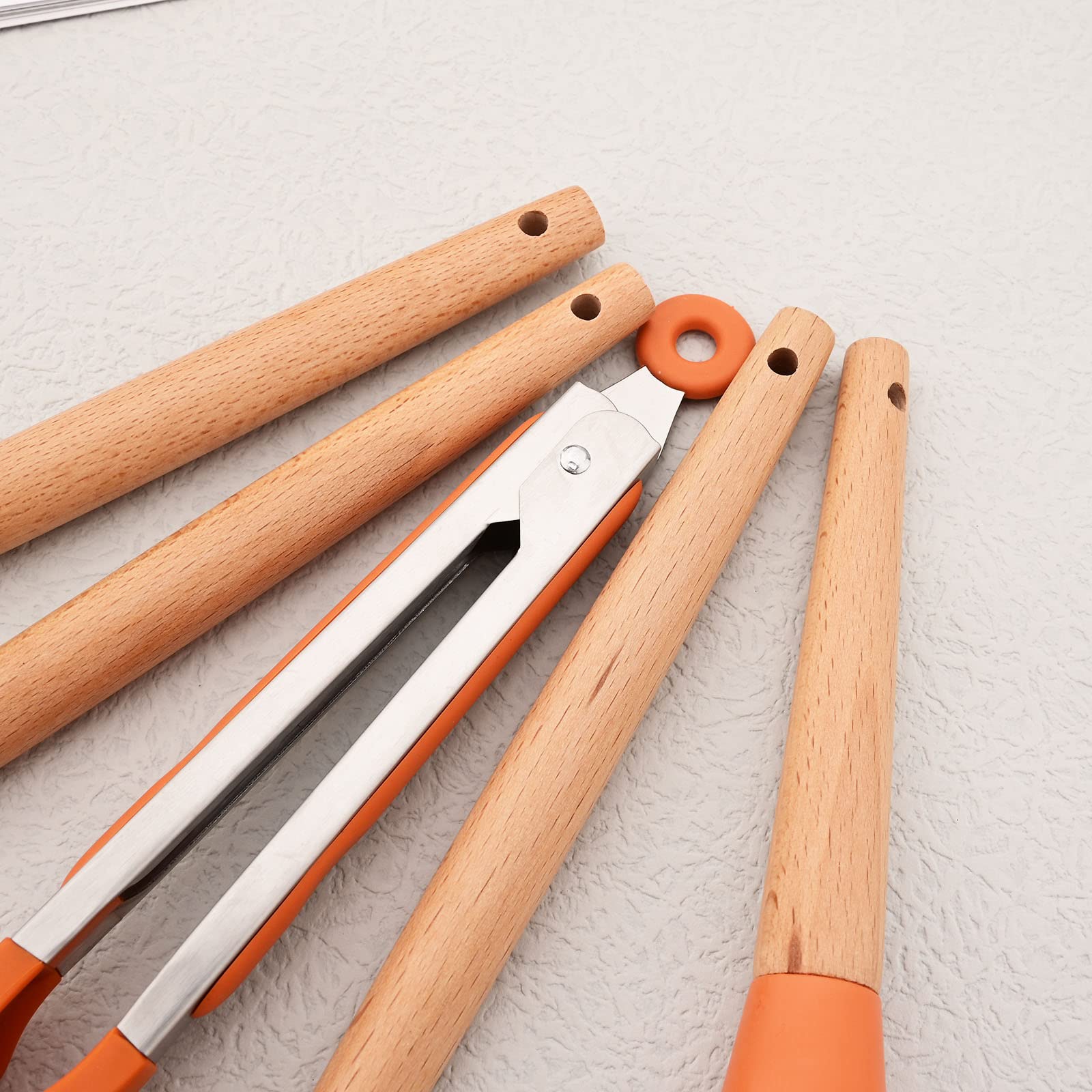 JASHII Orange Silikon-Küchenutensilien-Set, orangefarbene Gummi-Spatel mit Holzgriff, Silikon-Kochutensilien mit Halter, hitzebeständig für antihaftbeschichtetes Kochgeschirr