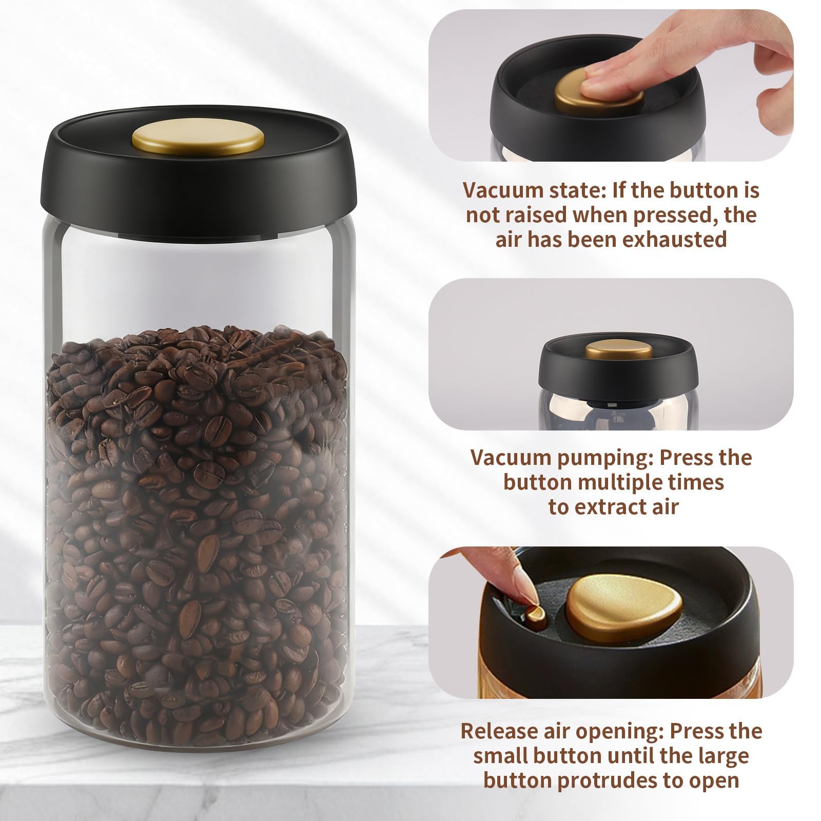 Bote Hermetico para Cafa en Grano 1,8 L, Recipiente de Vidrio con Tapa Negra y Boton Dorado de Vacio, Recipiente Café para Guardar Como Lata Aromática, Café, Té, Nueces y Reservas — view 3