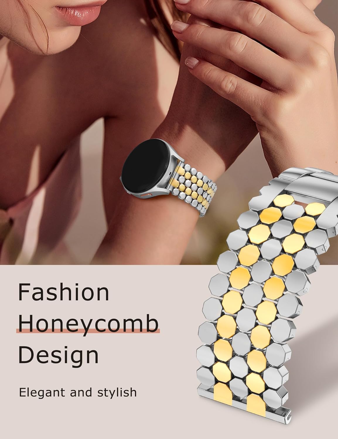 Minyee Compatible with Samsung Galaxy Watch 7 6 5 4 FE 40mm 44mm/Watch 6 Classic 43mm 47mm/Watch 5 Pro 45mm Bands for Women, 20mm Dressy Metal Gold Chain Honeycomb Luxury Chic Link Bracelet Strap