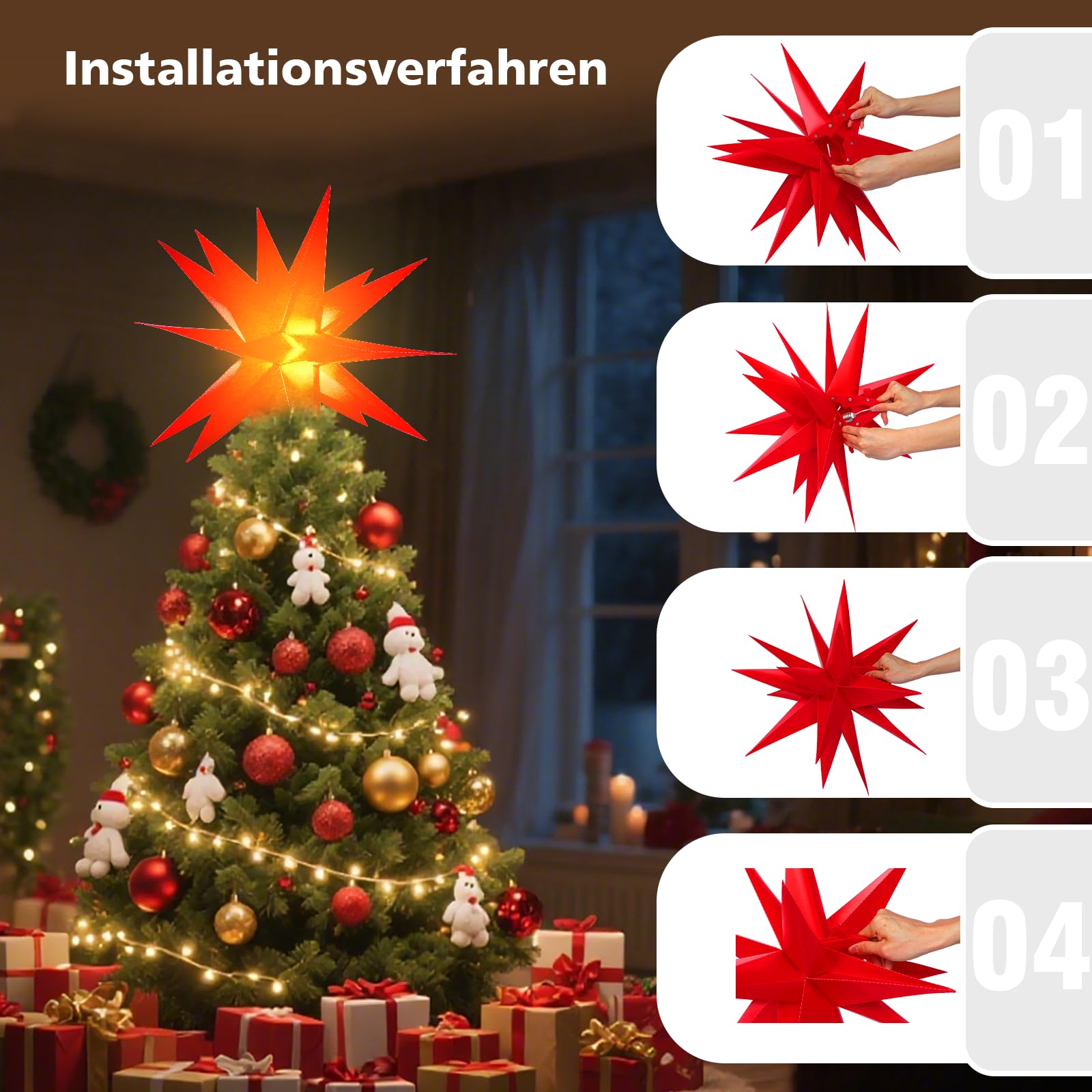 Sky angle Estrella de Navidad 3D iluminada con batería con temporizador para ventanas, 60 cm, estrella luminosa para decorar el árbol de Navidad, estrella de Navidad LED roja para patio, balcón y