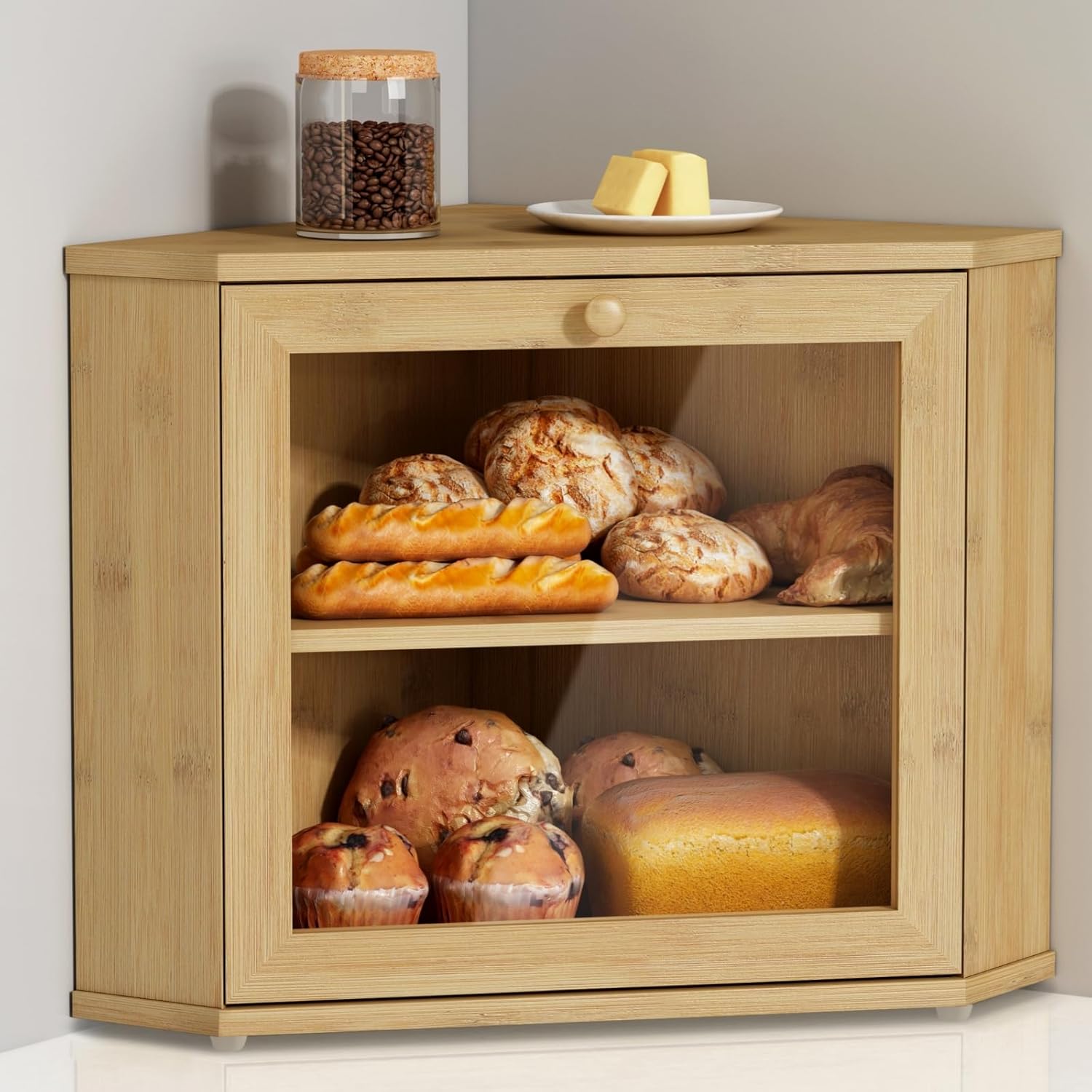 Goozii Bamboo Corner Bread Box for Kitchen Counter, 2 Tier