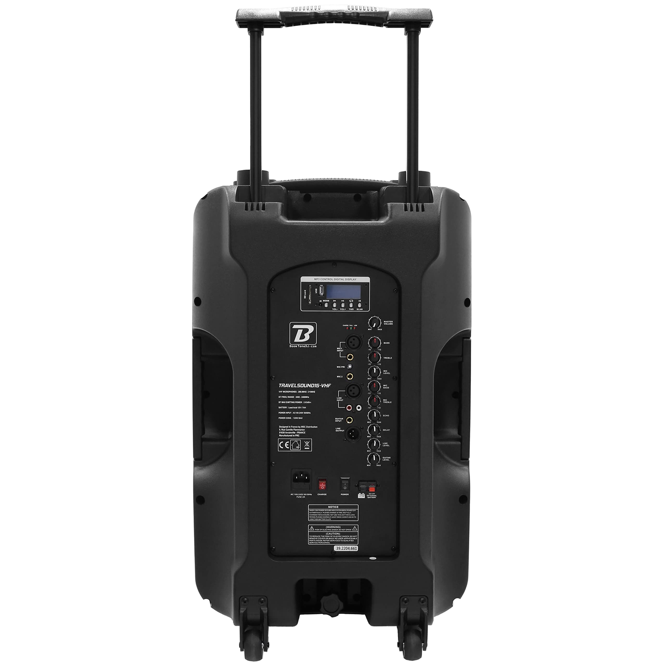 Altavoz portátil de sonido independiente con 2 micrófonos inalámbricos BoomTone DJ TravelSound15-VHF. Karaoke Altavoz 800W Sintonizador FM. Receptor Bluetooth Lector de tarjetas SD, memoria USB y