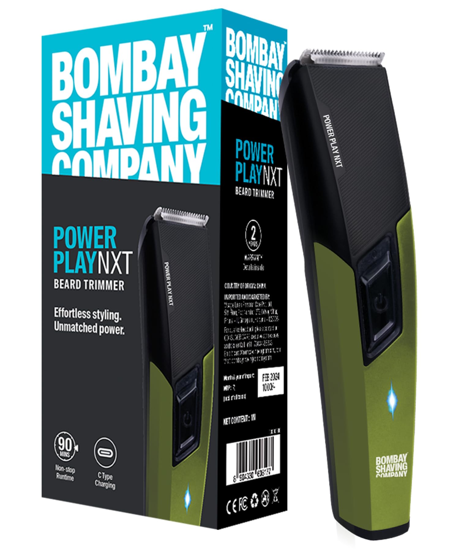 Bombay Shaving Company Power Play NXT Trimmer, 9 Weeks of trimming, 90 mins run time with Type C, 6 comb attachments, Self-sharpening blades | Trimmer for Men || Green