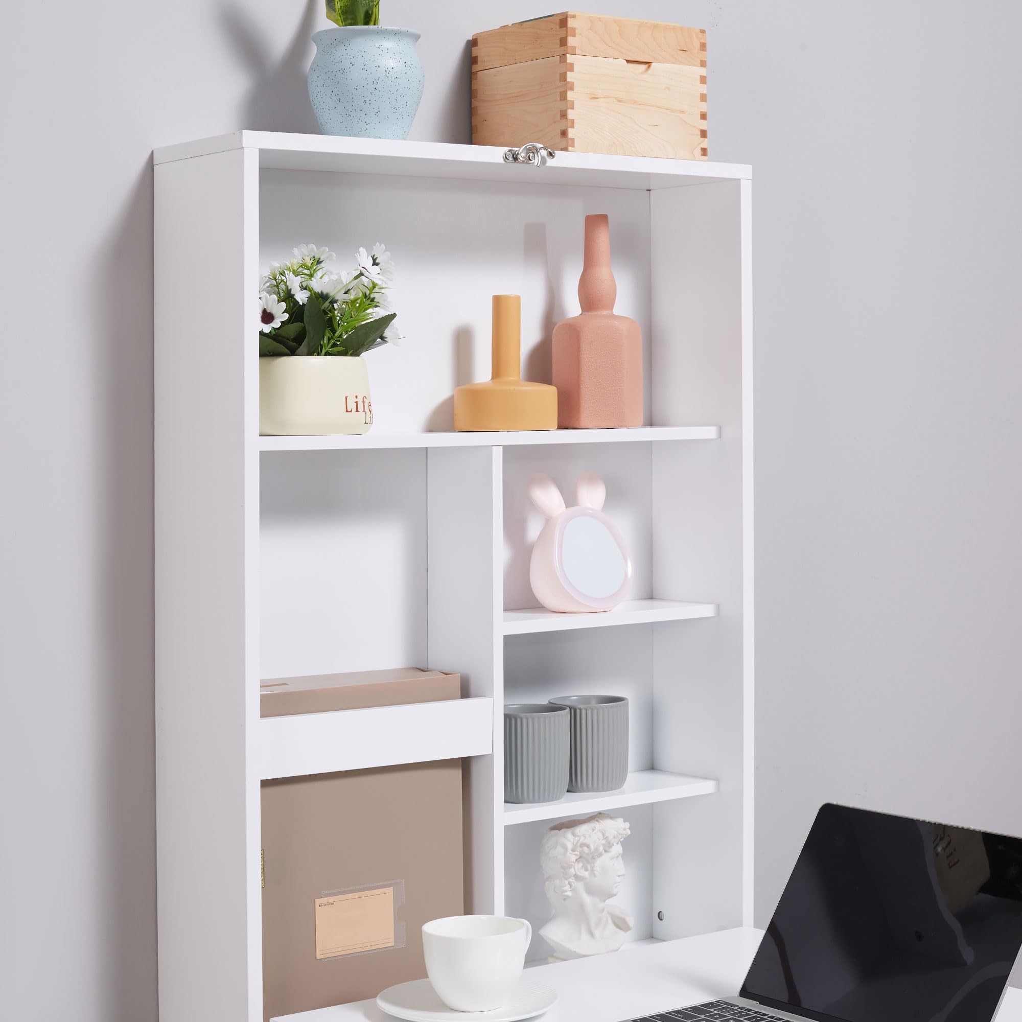 HOMCOM Schreibtisch Wandtisch Wandklapptisch mit Tafel, 5 Fächern, Klappschreibtisch Klappbarer Computertisch für Büro Weiß+Schwarz 60 x 94,5 x 147 cm