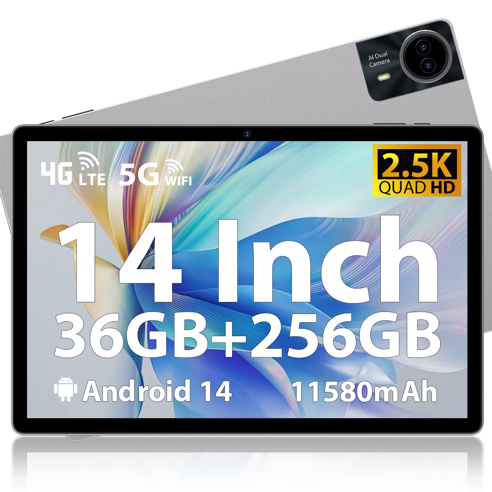 MAXLEGEN 14 Pollici 2,5K Tablet, 36GB RAM+256GB ROM/TF 1TB, 4G LTE+5G WiFi Android 14 Tablets, Octa Core/20W Ricarica rapida 11580 mAh/4 altoparlanti/BT5.0/GMS/GPS, Tab Pen/custodia/auricolare Inclusa