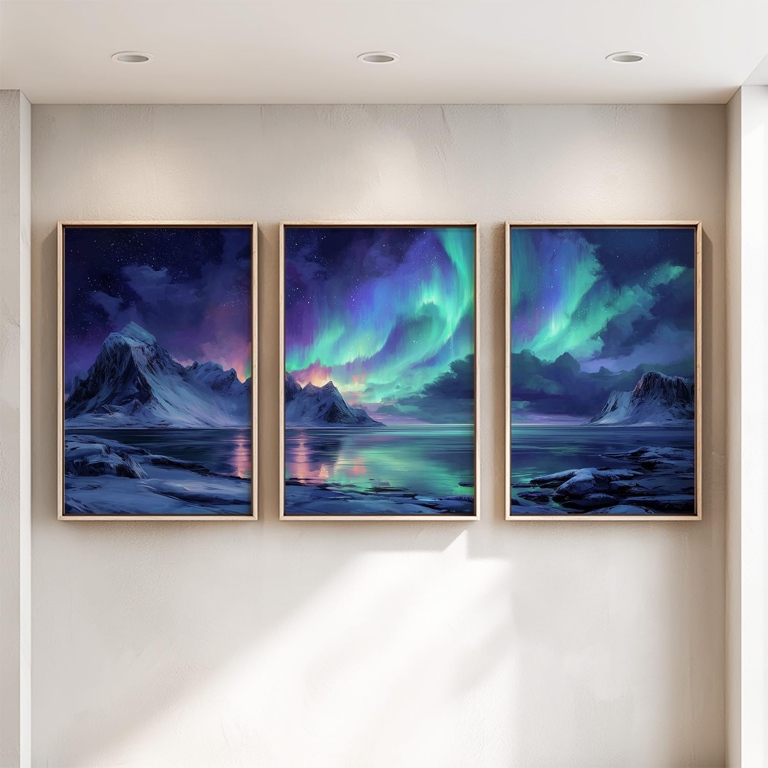 Juego de 3 Decoración De Pared Fantasía Paisaje, Impresión Sala Dormitorio, Posters Nórdico Aurora Gradiente Azul Pato Azul Cadena De Montaña Cielo Estrellado Sin Marco, Cuadro De Mural, 40 x 60