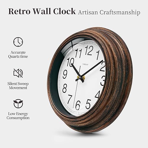 Miniatura 6 de TAHEAT Reloj de pared de 8.5 pulgadas, funciona con pilas, silencioso, sin tictac, reloj de cocina vintage de cobre dorado para sala de estar,