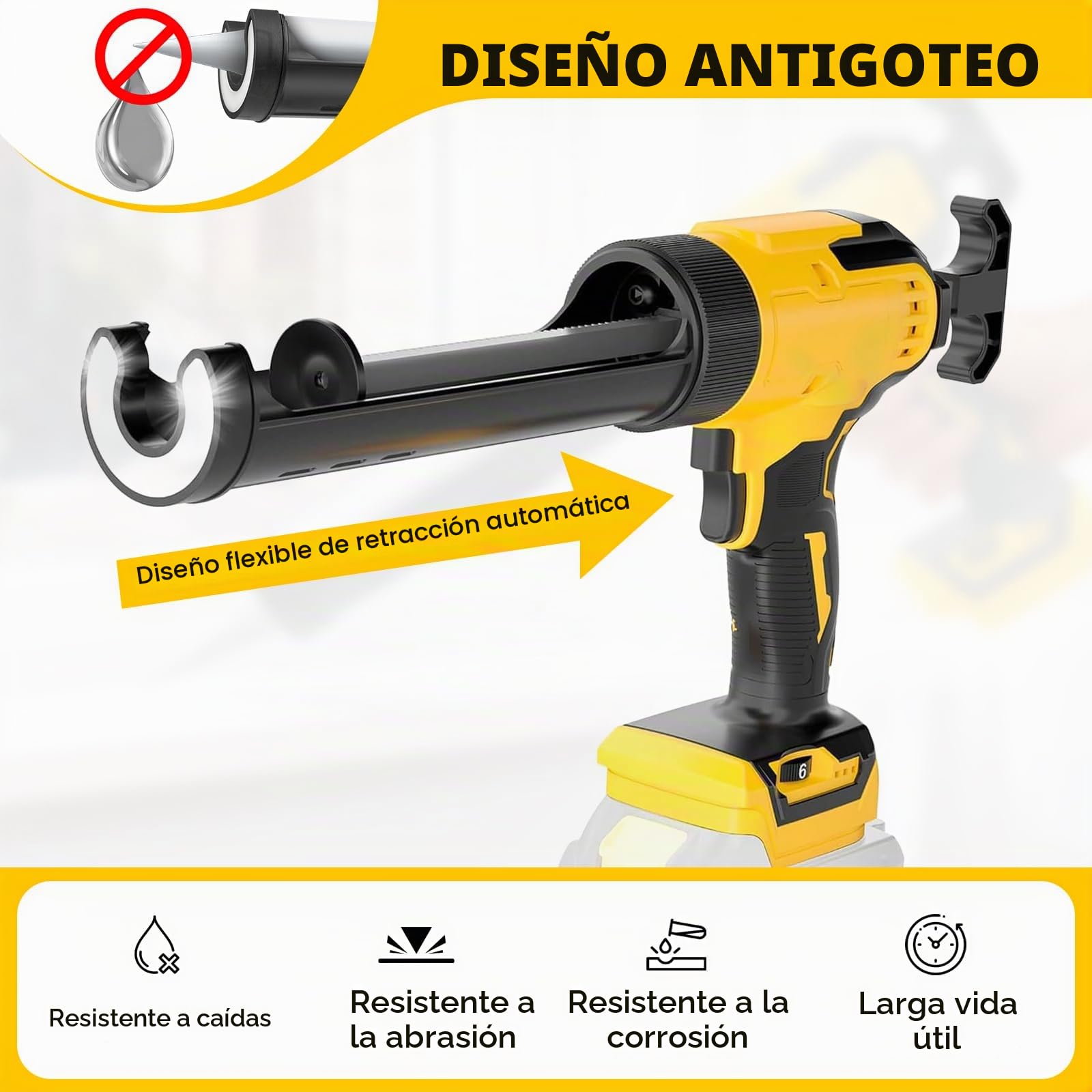 Prensa de cartuchos de batería compatible con batería Dewalt 20 V | Pistola de calafateo eléctrica, 6 velocidades, luz LED, jeringa de silicona para cartuchos, 300ml, 9 accesorios, Sin batería
