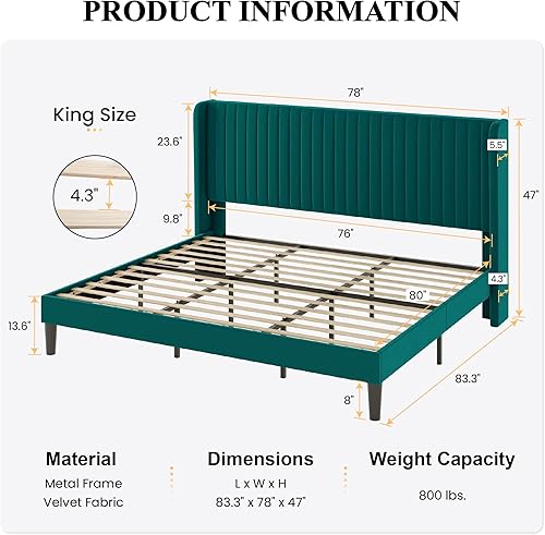 Miniatura 2 de SHA CERLIN Base de cama de terciopelo tamaño King con cabecera capitoné de canal vertical, plataforma tapizada con listones de madera, no necesita
