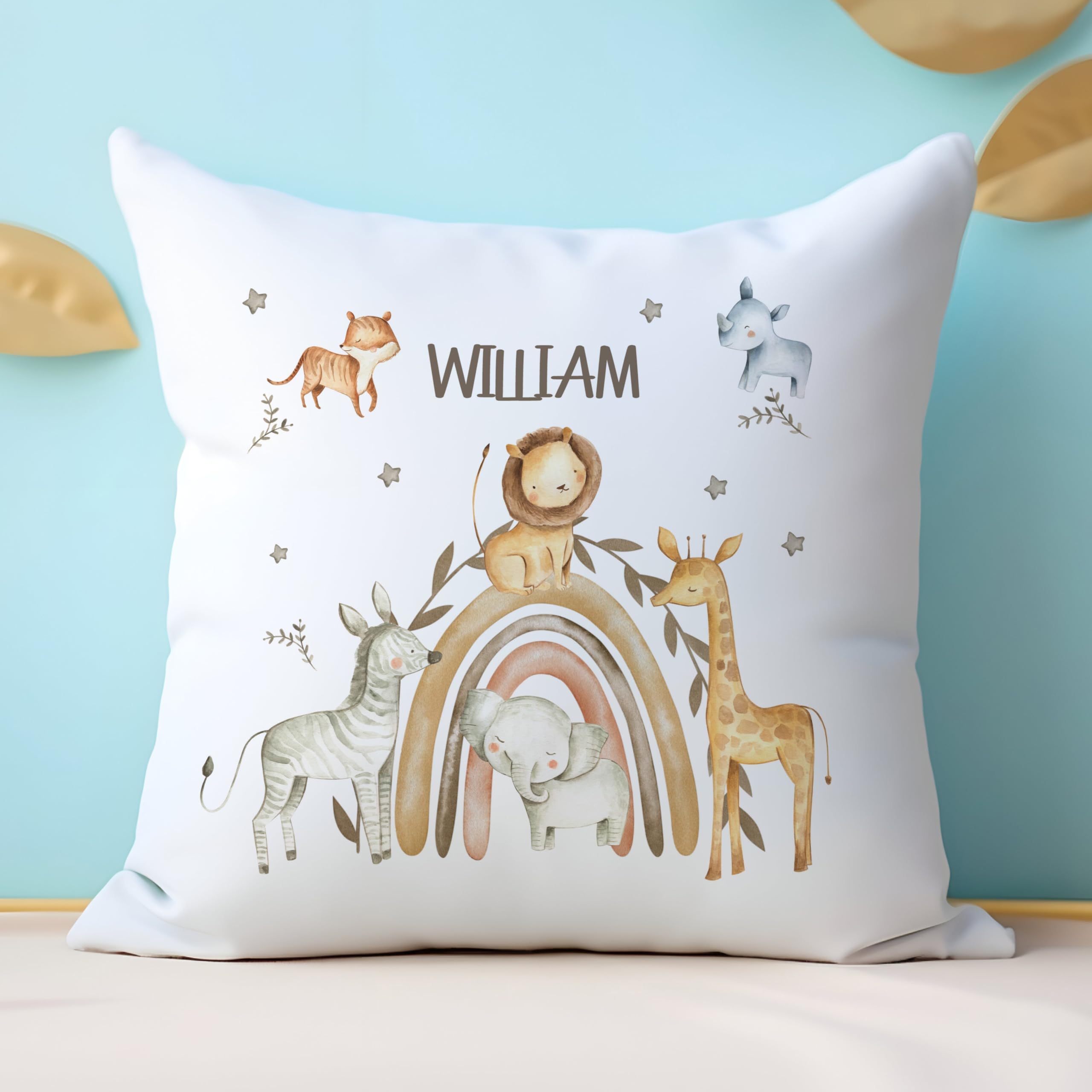 Cojín de recuerdo personalizado personalizado con diseño de safari, arcoíris, león, elefante, jirafa, cebra, rinoceronte, tigre, inserto para el nombre del día especial, para niños, niñas, bebés