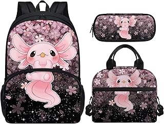 ZFRXIGN Sakura Axolotl Backpack for Girls School Bags and Lunch Box Kids Schoolbag Primary Junior High School Bookbag Lunch Tote Pencil Case Pink Cherry Blossom Flower