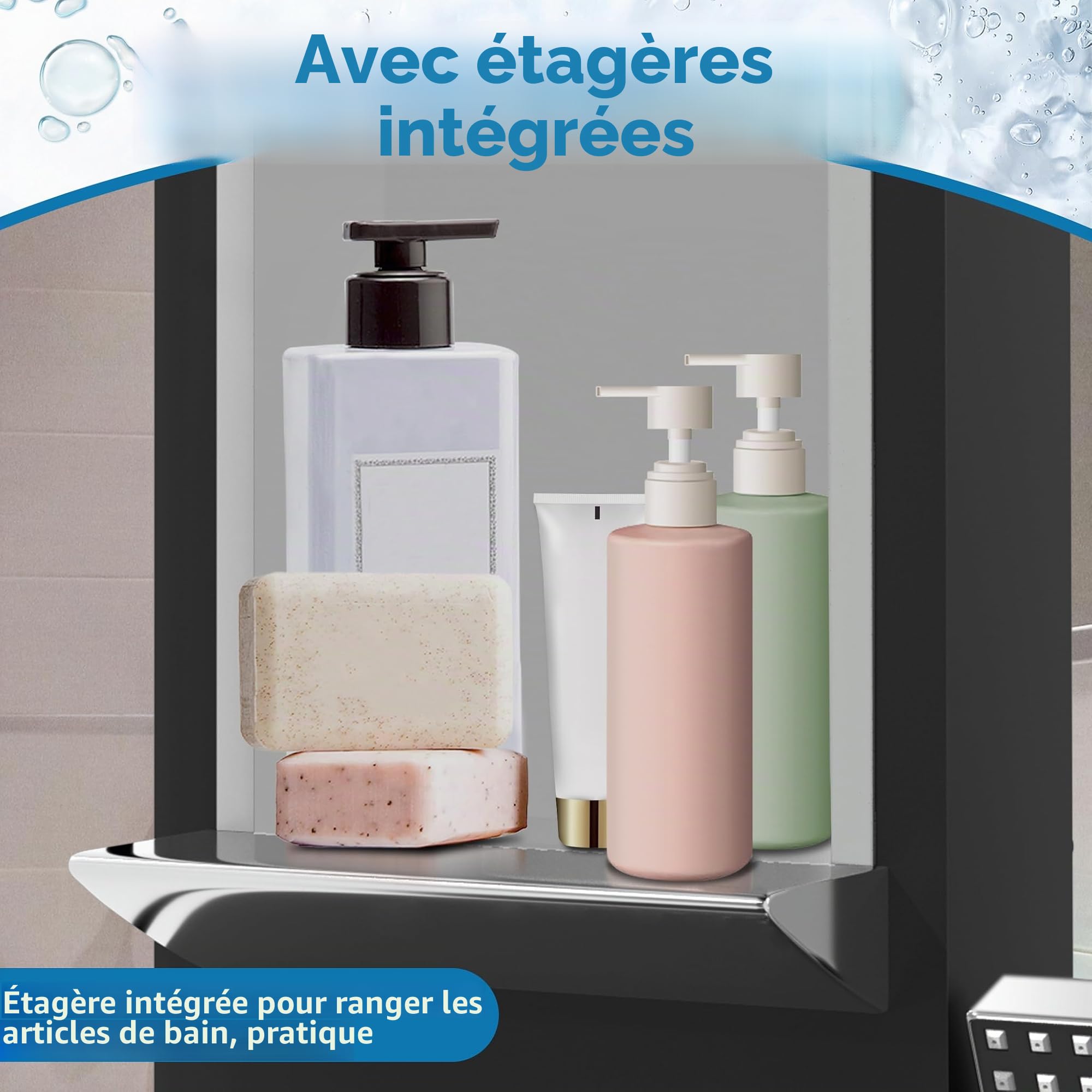 YUENFONG Panneau de douche 5 en 1 en acier inoxydable avec douche à effet pluie, cascade, massage du dos, douchette, montage mural facile, noir