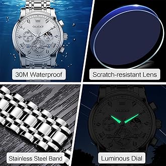 OLEVS Men's Stainless Steel Chronograph Watch, Large Face Easy to Read Roman Numerals Diamond Accented Analog Dress Watches for Men, Elegant Waterproof Luminous Male Quartz Wristwatch