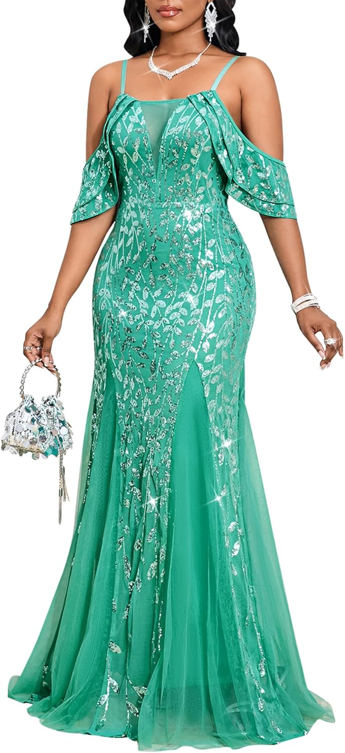 Women’s Sequin Evening Gown – Off Shoulder Spaghetti Strap Formal Maxi Dress with Mesh Panels for Wedding Prom Party