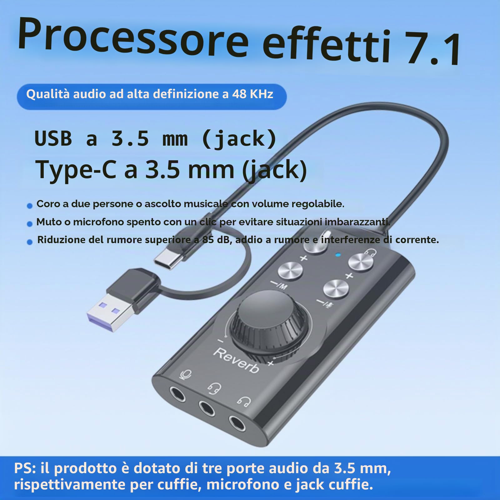 Scheda audio esterna USB/USB-C con surround virtuale 7.1, controllo del volume e adattatore audio da 3,5 mm, per cuffie PC, laptop, desktop, cavo da 200 cm