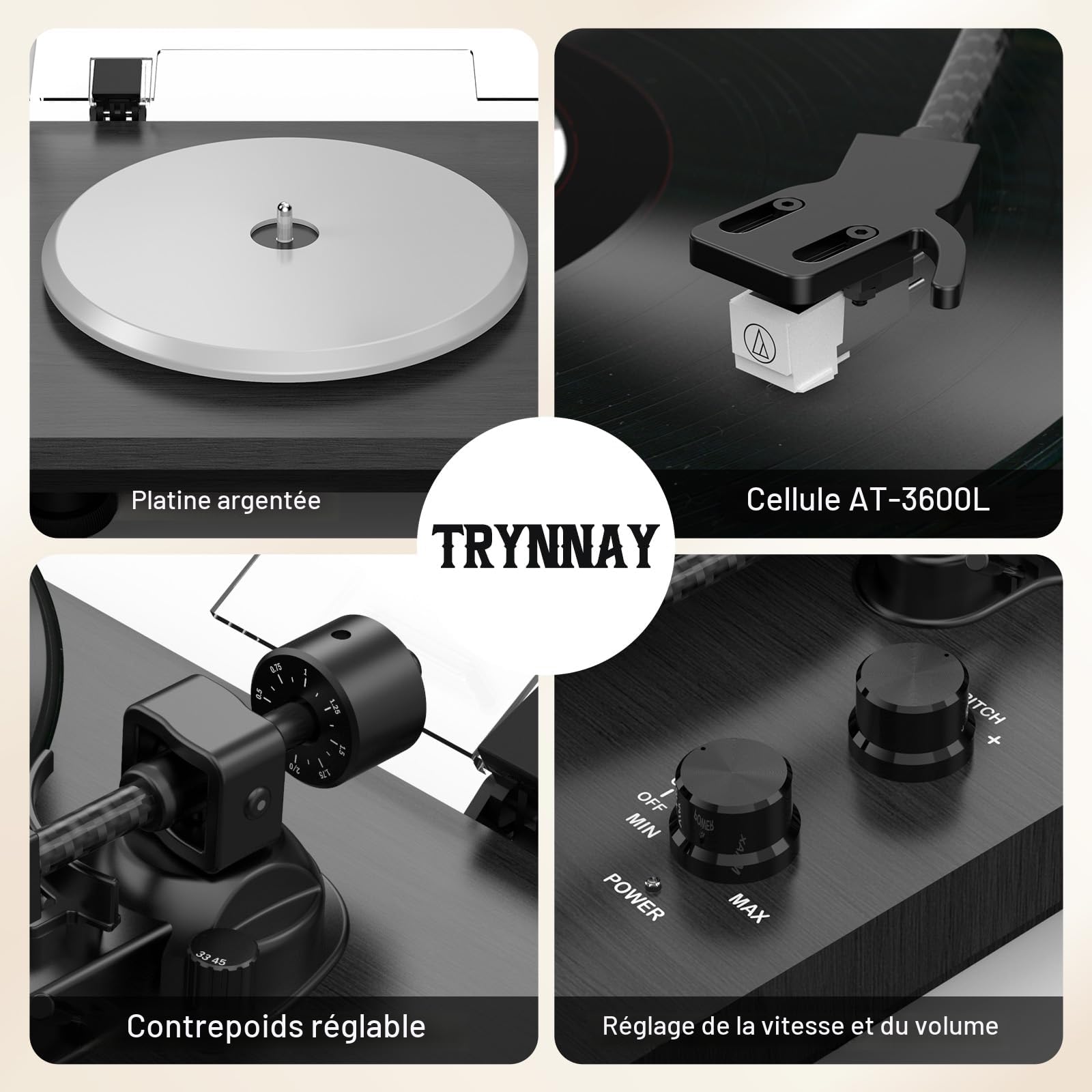 Trynnay Platine Vinyle, Tourne Disque Système HiFi, entrée/Sortie Bluetooth, 33/45 Tours/Minute, Compatible vinyles 7/10/12 Pouces, Son Hi-FI pour Les Amateurs de vinyles, Noir